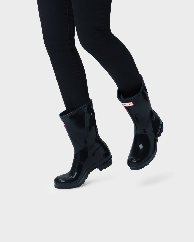 Botas De Chuva De Brilho Ajustáveis ​​​​de Costas Curtas Femininas Hunter Pretas