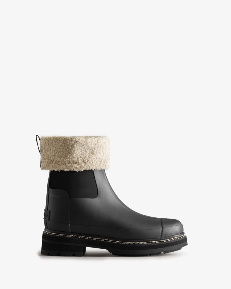 Botas De Shearling Veganas Femininas Caçadoras De Costura Refinada Preta