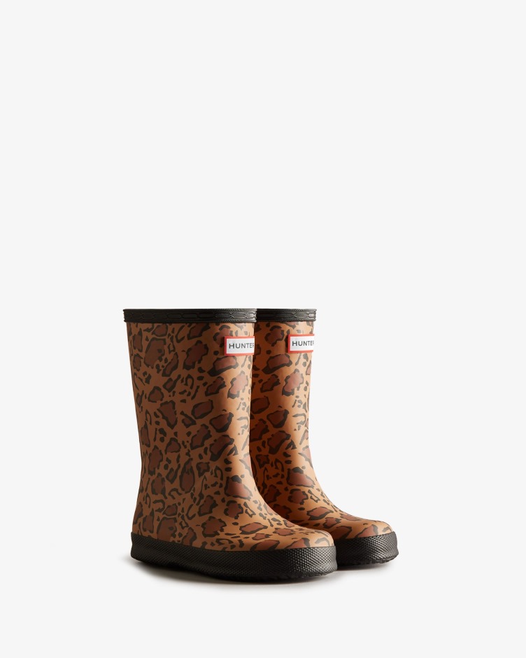 Hunter Kids First (18 Meses A 8 Anos) Botas De Chuva Com Estampa De Leopardo Rica Em Preto-sela-bronzeado